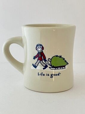 Life Is Good "Jake pulling Christmas Tree on a Sled" Christmas Mug 8oz